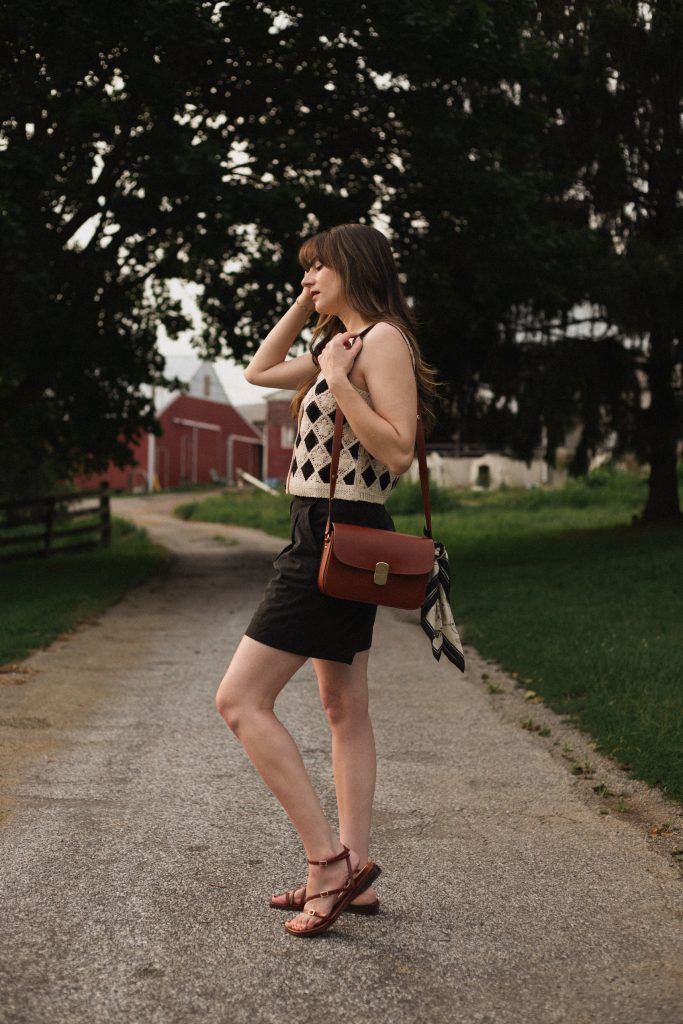 Sezane Ron Top Outfit with Everlane Tailored Shorts